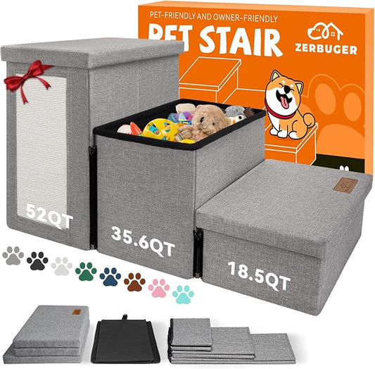 Zerbuger Dog Stairs with Storage, Grey Cat Scratcher 3 Steps Ramp no Condo | 18" H Wider Dog Steps for High Beds Couch, Folding Storage Pet Stairs Gift for Climbing Small/Medium/Large Old Dogs Cats