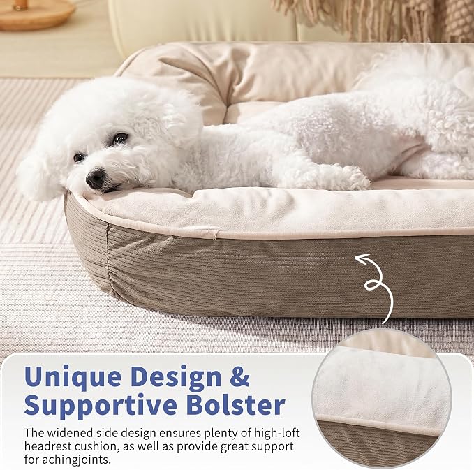 FAIRYPET Deluxe Plush Dog Beds for Medium to Large Dogs, 3D Crimped Siliconized Hollow Fiber Fill，Soft Breathable，Washable Dog Bed, Plush Faux Fur & Corduroy,Durable Pet Bed with Anti-Slip Bottom