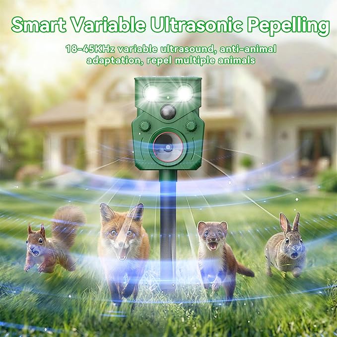 Ultrasonic Animal Repeller Solar Powered Squirrel Repeller Motion Sensor Deer Deterrent Rabbit Cat Dog Control Device with 5 Modes and Flashing Lights Outdoor Yard Lawn Orchard Garden