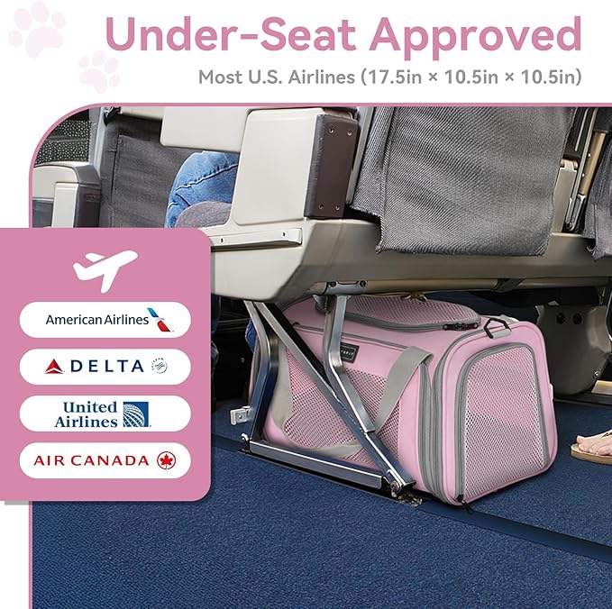 Petsfit Cat Carrier Airline Approved, 17.5×10.5×10.5 in, Pink | Escape-Proof Design with Locking Zippers & Safety Leash, Easy-Access 3-Way Entry, Washable Mat up to 12 lb