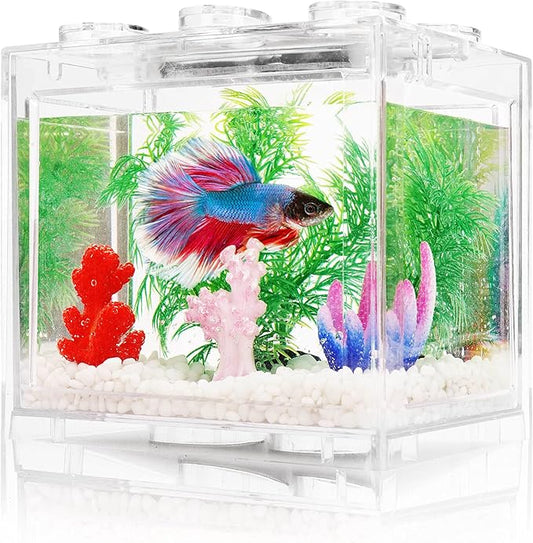 Oltraman Small Betta Fish Tank, Aquarium Tank Kit with LED Lighting, 0.6 Gallon Stackable Fighting Fish Tank Set, Fish Bowl Accessories for Turtle Reptile Shrimp Crab Insects as Decoration