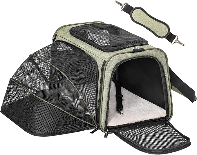Petsfit Medium Expandable Cat Carrier for Air Travel, Up to 13 lb | 17 x 11 x 11 in; sized for Delta Airlines, with locking zippers, a handy D-ring, large pocket and multi-side ventilation.