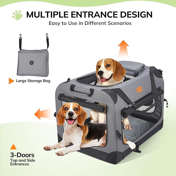 Morpilot 28-inch Portable Collapsible Dog Crate for Dogs up to 40lbs | Travel Dog Crate Soft-Sided for Small Medium Dogs, with Foldable Bowl, Shoulder Strap & Storage Pockets, Grey