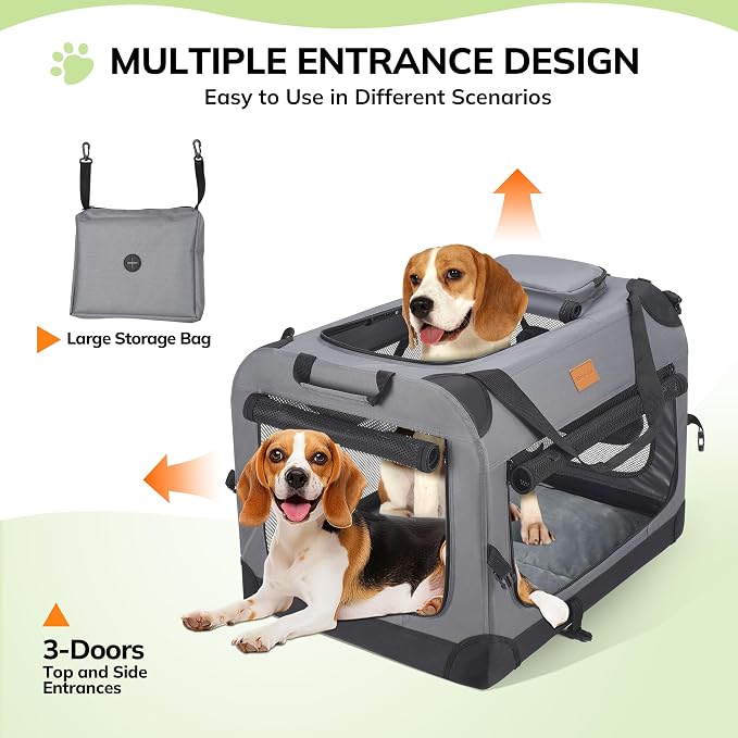 Morpilot 32-inch Portable Collapsible Dog Crate for Dogs up to 70lbs | Travel Dog Crate Soft-Sided for Medium Large Dogs, with Foldable Bowl, Shoulder Strap & Storage Pockets, Grey