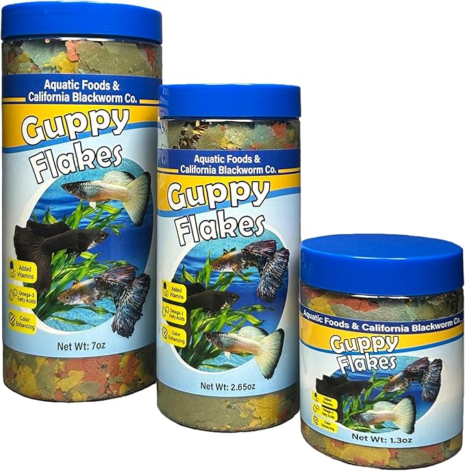 Aquatic Foods Inc. Guppy Premium Flakes, for Guppies, Endler Guppies, Mollies, Platys, Swordtail Fish, All Live Bearer Tropical Fish, 4-Type Wafer Mix & 12-Type Pellet Mix Included 1.30oz Canister