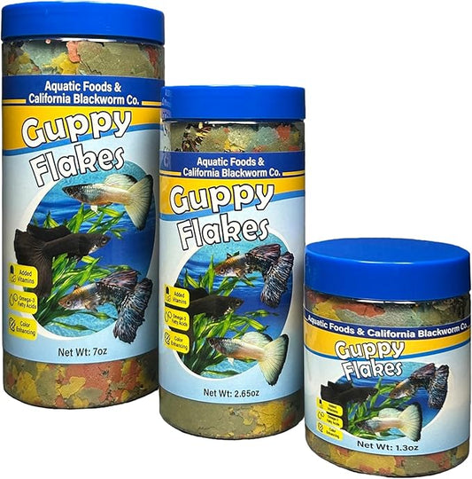 Aquatic Foods Inc. Guppy Premium Flakes, for Guppies, Endler Guppies, Mollies, Platys, Swordtail Fish, All Live Bearer Tropical Fish, 4-Type Wafer Mix & 12-Type Pellet Mix Included 1.30oz Canister