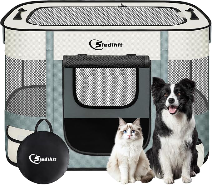Siedihit Dog Playpen, Cat Pet Puppy Crate, Portable Playpens Indoor Outdoor (Grey, Medium)