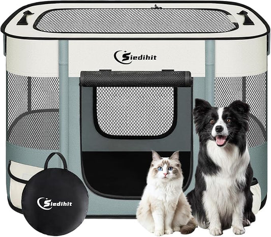 Siedihit Dog Playpen, Cat Pet Puppy Crate, Portable Playpens Indoor Outdoor (Grey, Medium)