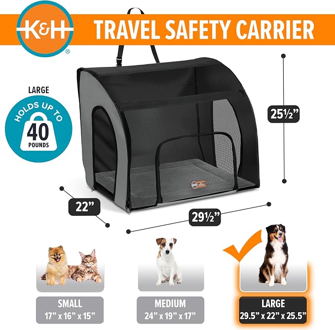 K&H Dog Car Seat, Travel Safety Carrier for Pets, Large, Gray/Black | Enclosed Car Seat for Dogs, Soft-Sided Covered Pet Carrier, Washable Pad, Multiple Entrances, Mesh Windows, 29.5x22x25.5in