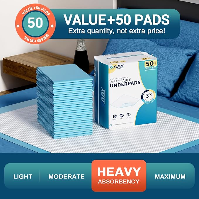 AAY Bed Pads Disposable 30" x 36" 50 Count, Chucks for Adult, Puppy | Extra Large Incontinence Pee Pads, Super Absorbency Underpads with Leakproof Protection for Elderly, Kids
