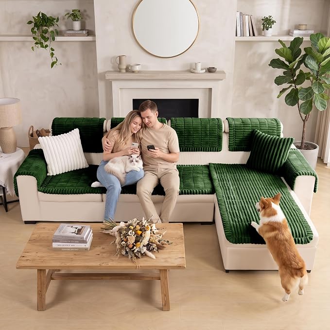 FUANGUI 2 Pack Waterproof Couch Cover for Dogs Pets Sofa Protector | Non-Slip Washable Fuzzy Soft Sofa Slipcover for 2 PCS L Shaped Sofa Pet Friendly, 27.6" x 59.1"+27.6" x 70.9",Dark Green