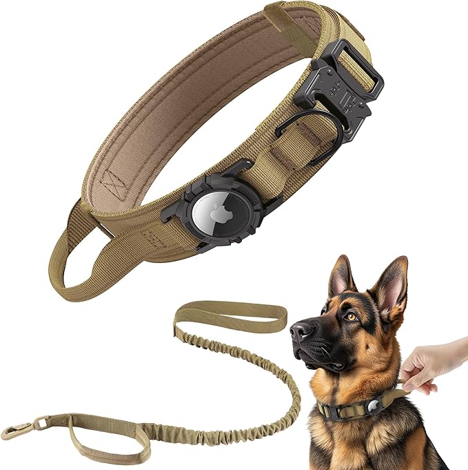 Tactical AirTag Dog Collar Leash Set - Heavy Duty, Adjustable GPS Collar Compatible with Apple AirTag, with Holder & Control Handle for Medium/Large Dogs [ Brown, L ]