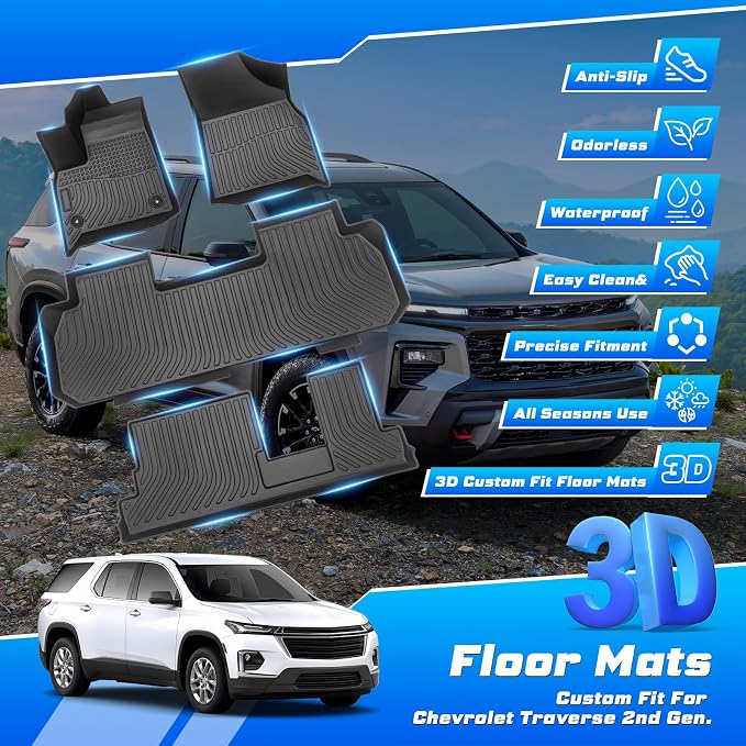 Sunsdrew All-Weather Floor Mats for 2018-2023 Chevrolet Chevy Traverse 8 Seats,Waterproof TPE Floor Liners Car Mats for Traverse Accessories Odorless Black