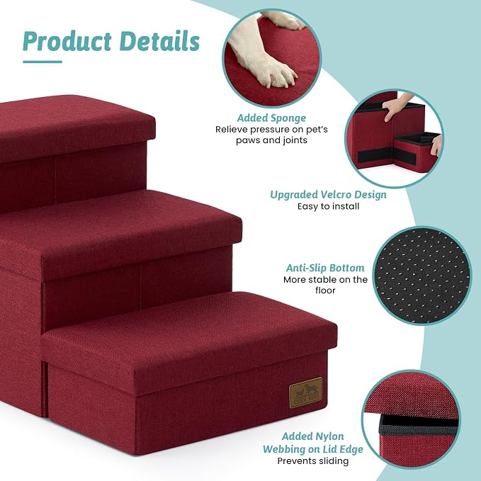 Dog Stairs with Storage, 3-Step Wider Sturdy Dog Steps for Small/Medium/Large Dogs and Older Cats, Folding Doggie Ramp for Bed/Couch/Car Hold Up to 180 lbs (16.7" H, Burgundy)