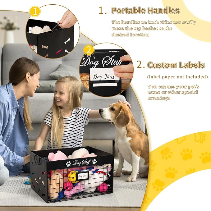 Bfttlity Dog Toy Basket Large Metal Toy Box Storage for Dogs Toys, Black | Dog Toy Bin with Handles for Living Room Storage Dogs Chew Pets Toys, Blankets, Clothes, Food