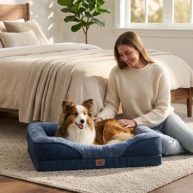 EHEYCIGA Orthopedic Dog Bed for Large Sized Dog, 36x27 Inch Large Memory Foam Dog Couch Bed with Sides, Waterproof Liner & Washable Removable Cover, Bolster Pet Sofa, Navy
