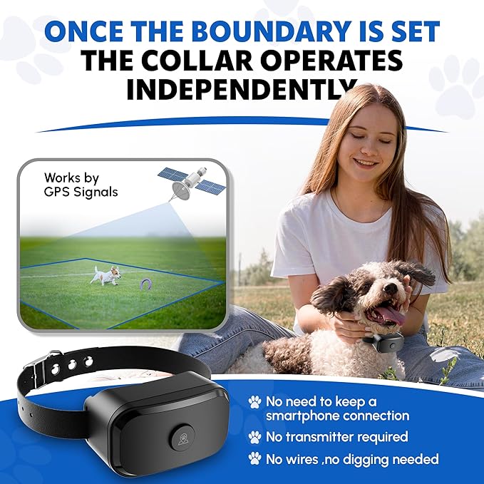 GF02e-GPS Dog Fence, Wireless Dog Fence with No Subscription, Virtual Dog Containment System with Customizable Boundary, 2-in-1 Training Collar, Waterproof & Rechargeable for Medium Large Dogs