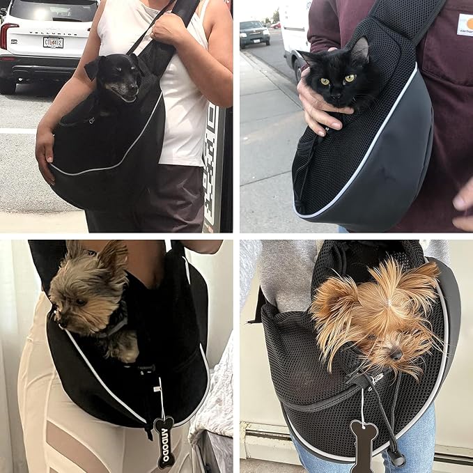 YUDODO Pet Sling Carrier for 2-5 lbs Small Dogs Cat Puppy Crossbody Carrier | Hands-Free, Safety Hook, Large Zipper Pocket, Soft Breathable Mesh, Adjustable Strap, Reflective Strip, Black2.0, S