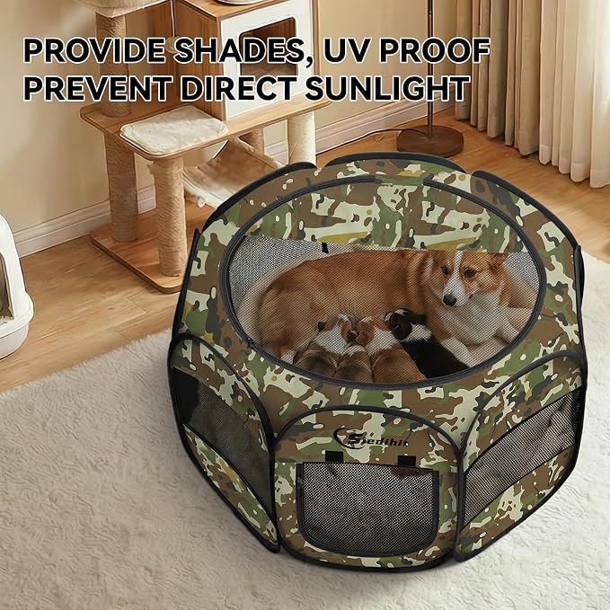Siedihit Dog Cat Playpen, Medium Puppy Pet Playpen, Dog Crate Tent Cage | Indoor/Outdoor, Portable Pop Up Dogs Kennel Playpen with Carrying Case for Dogs/Cats/Rabbits(Green Camo, Medium)