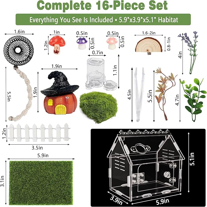 16Pcs Jumping Spider Enclosure Kit, 5.9"x3.9"x5.1" Arboreal Tarantula Habitat with Magnetic Lock & Decor, Acrylic Terrarium Complete Starter Kit for Small Spider, Praying Mantis, Reptile, Insect Cage