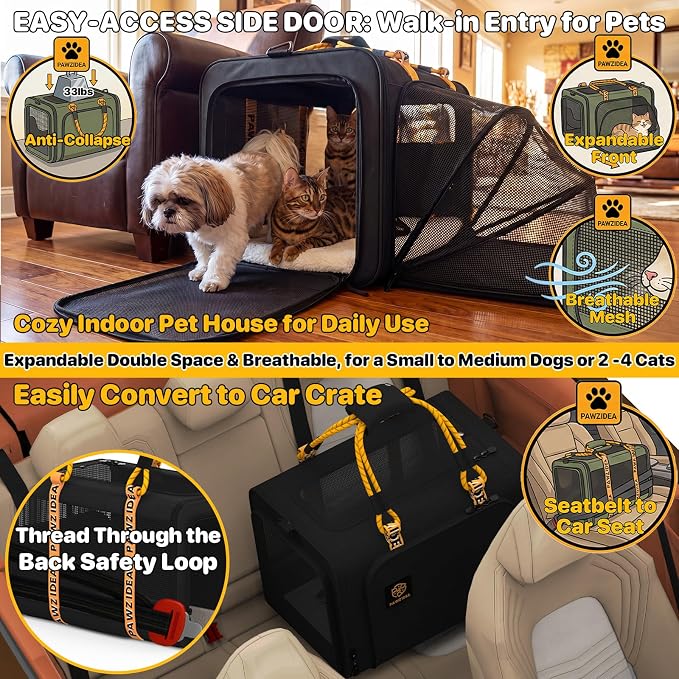 PAWZIDEA Expandable Large Pet Carrier, Soft-Sided 2–4 Cats Carrier Up 55lbs | 24"×16"×16" Collapsible Small to Medium Dog Carrier Travle Bag, Portable Dog Crate for Car Travel, Breathable, Storage Pocket