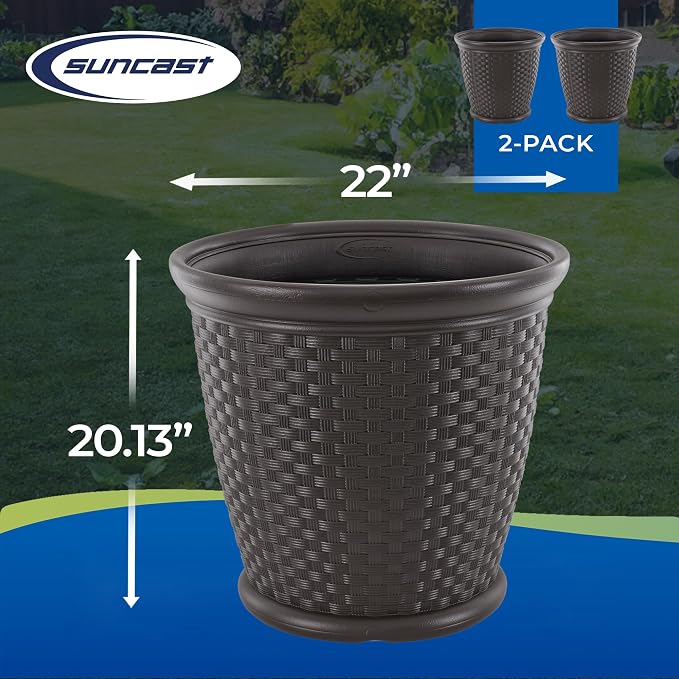 Suncast 2 Pack Sonora 22 Inch Plastic Wicker Indoor or Outdoor Decorative Garden Flower Planter for Entryways, Porch, and Backyard Patios, Dark Brown
