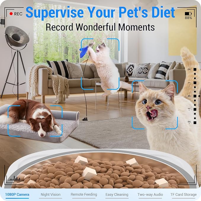 Frienhund Automatic Cat Feeder with Camera: 5G WiFi Automatic Dog Feeder with Night Vision, 7L Auto Cat Food Dispenser with 1080P Camera for Multiple Pet, Detachable for Easy Clean -29 Cup (ACF100W-B)