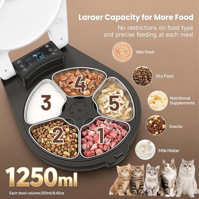 Automatic Cat Feeder Wet Food, Semiconductor Cooling & Heating 3 Days Fresh | 5 Meals Timed Cat Feeder with Stainless Steel Bowl, Easy to Clean, Programmable Wet Food Dispenser for Cat Dog