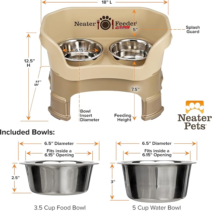 Neater Feeder Deluxe Mess-Proof Elevated Dog Bowls for Medium Dogs (19–40 lbs), 2 Height Adjustable (10” & 12.5”) No-Spill Raised Dog Bowl Stand, Stainless Steel Food Bowl Set, Made in USA, Cappuccino