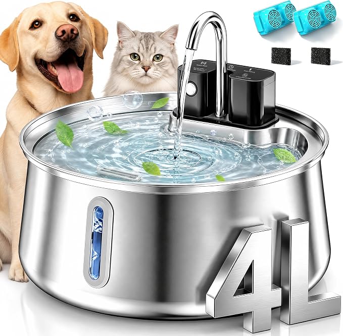 Selene Dog Water Fountain, 4L Stainless Steel Dog Water Fountain with Visual Water Level, Super Quiet Dog Water Bowl, 5-Stage Filtration Pet Water Dispenser, Easy to Clean (4L)