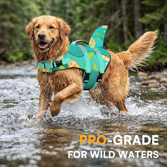 Dog Shark Life Jacket with Rescue Handle - Adjustable Reflective Dog Life Preserver for Large Dogs, Green Print XL