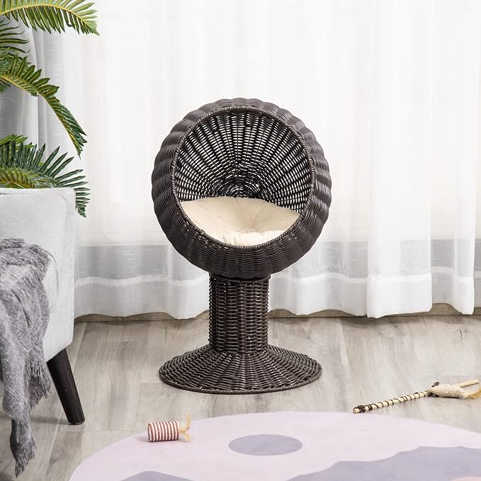 PawHut Elevated Cat Bed with Rotatable Egg Chair Pod, Cat Basket Bed with Thick Cushion, Natural Mat Grass Woven Kitty House, Coffee | Cat Basket Bed, Natural Mat Grass Woven Kitty House