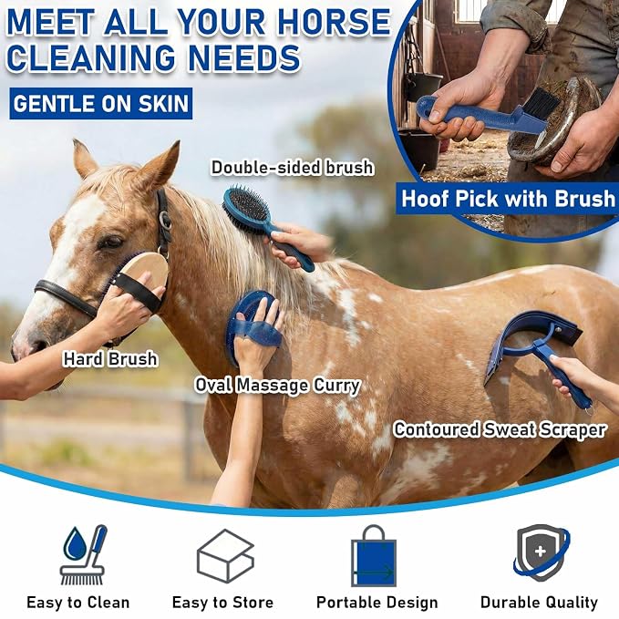 Cunhill 9 Pcs Horse Grooming Kit Tack Room Supplies Set with Tote Bag, Oval Massage Curry, Hard and Soft Brush, Hoof Pick, Sweat Scraper, Bathing Sponge, Comb for Horse Rider(Classic,Dark Blue)