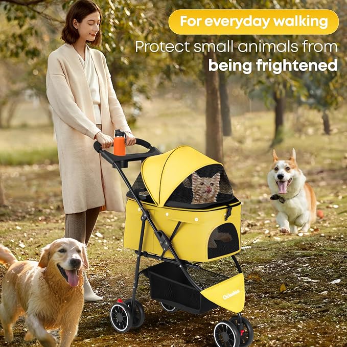 Pet Stroller,Dog Stroller for Small Medium Dogs Cats,3 Wheels,Yellow | Foldable,with Breathable Mesh Canopy,Cup Holders,Easy Assembly