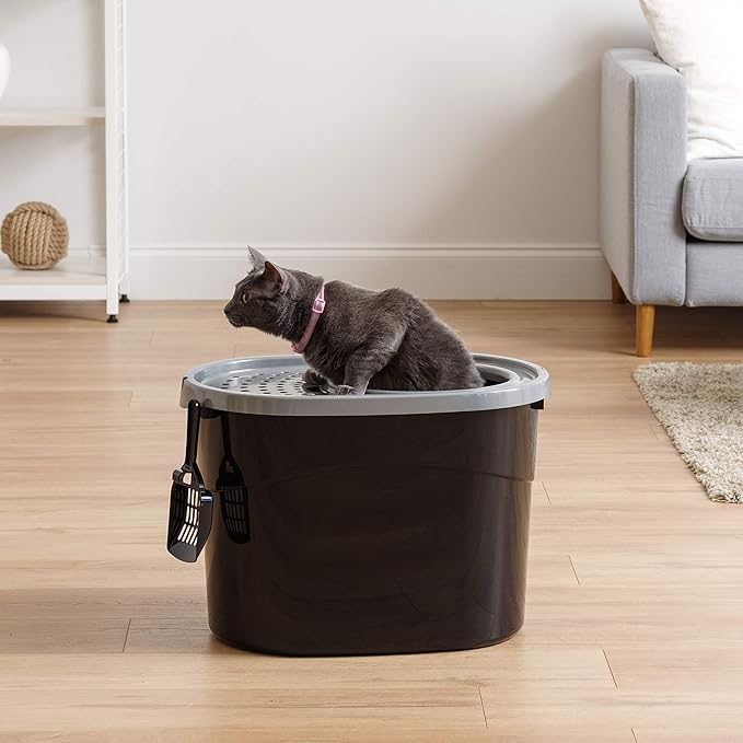 IRIS USA Cat Litter Box Large Top Entry with Lid Enclosed Covered Hooded Design Litter Catching Scatter Shield Pan Dog Proof Pet Proof Scoop Included Odor Control for Indoor Cats Kittens Black/Gray