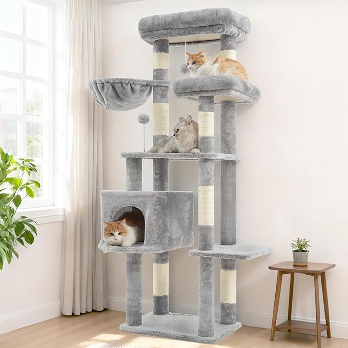 Gitelsnour Cat Tree for Indoor Cats, 55.1 inch Cat Tower with 7 Sisal Scratching Posts, Multi-level Cat Condo wit Large Play Platform Furry Ball, Cat Cave, 2 Padded Perches, Basket, Light Gray GCT013W