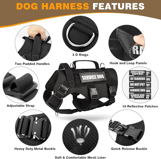 Service Dog Vest Harness for Large Dog, Tactical Working MOLLE Vest with 10 Pet Patches, No Pull Heavy Duty Harness for Training Walking