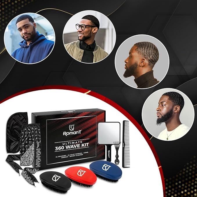 Roman-T 8-in-1 360 Wave Kit for Men - Grooming Kit for 360 Waves - 3 Wave Brushes, Soft, Medium & Hard - 2 Satin Durag, Hand Mirror, Comb, Hair Brush Cleaner - Gift Set, Black