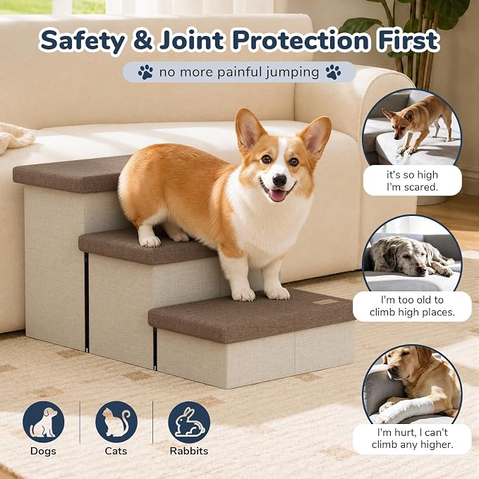 3-Step Wide Dog Stairs with Hidden Storage 18" H, Non-Slip Dog Steps for High Bed Couch Car, Jiont-Friendly Pet Stairs Ramp for Small/Medium/Large Old Dogs Cats Up to 220lbs, Beige&Coffee Lid