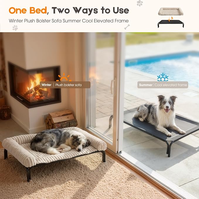 Elevated Dog Bed with Removable Fluffy Pillow Cushion, Raised Pet Cot Washable Bolster, Dog Couch Sofa, Anti Slip Feet, Breathable Mesh, Cream, 49"×36"