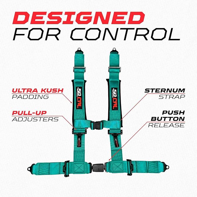 1pc 50 Cal Teal 4 Point Harness 3" Straps, Racing Harness Seat Belt | Ultra Kush padding, Push Button quick release hardware. Universal Fit for UTV, RZR, race car.