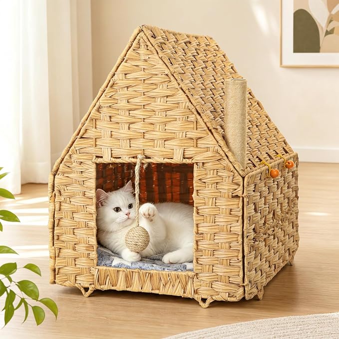 Handwoven Rattan Cat Bed for Indoor Kitten, Cat Cave Bed with Sisal Ball, Cushion & Cat Scratch Post, Foldable Hideaway Cat Hut in Bedroom Living Room, Natural