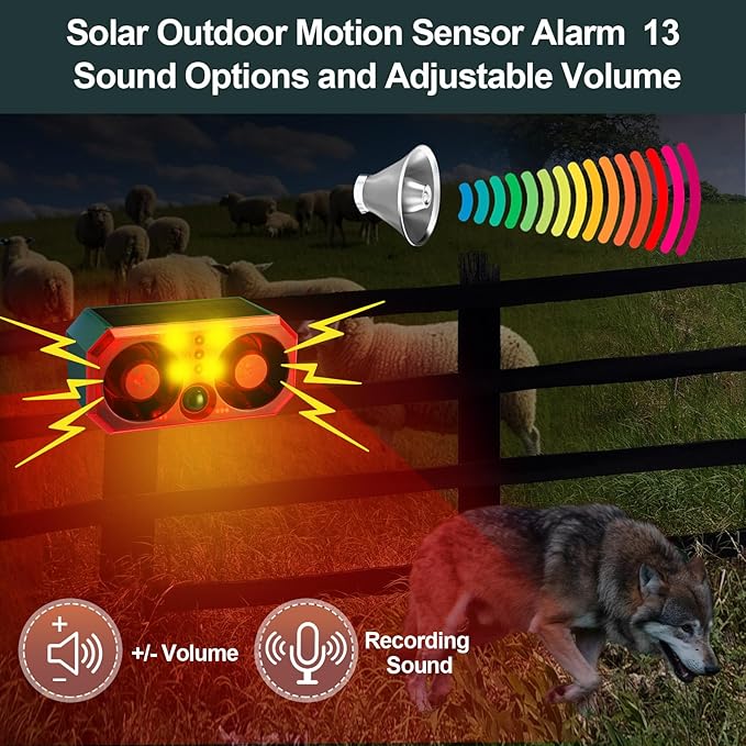 Qualirey 4 Pcs Solar Outdoor Motion Sensor Alarm Motion Sensor Animal Deterrent Dog Barking Alarm 13 Sound 130db Loud Noise Maker 4 Mode with USB Remote Control Support Recording Volume Adjustment