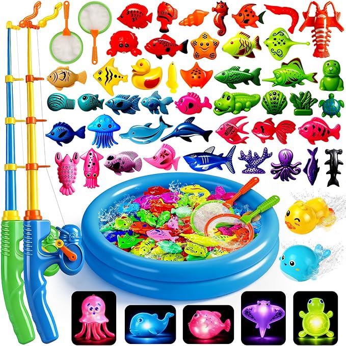 CozyBomB™ Magnetic Fishing Toys Game Set for Kids | Water Table Bathtub Kiddie Pool Party Pole Rod Net, Outdoor Plastic Floating Fish, Toddler Bath Color Ocean Sea Animals Birthday Gift Age 3-5 6 4-8
