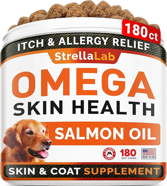 StrellaLab Omega 3 for Dogs - (180Ct) Fish Oil Treats - Allergy & Itch Relief Skin & Coat Supplement - Dry Itchy Skin, Anti Shedding & Hot Spots Treatment - Pet Salmon Oil Chews - Salmon Flavor