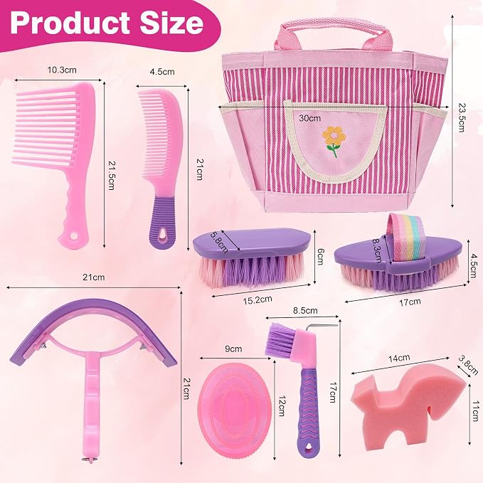 Horse Grooming Brush Kit, 9Pcs Horse-Brush Set with Organizer Tote Bag, Shower Brushes, Braiding Comb, Sweat Scraper, Hoof Pick, Shedding Massaging Tool Supplies for Riders Beginners, Pink