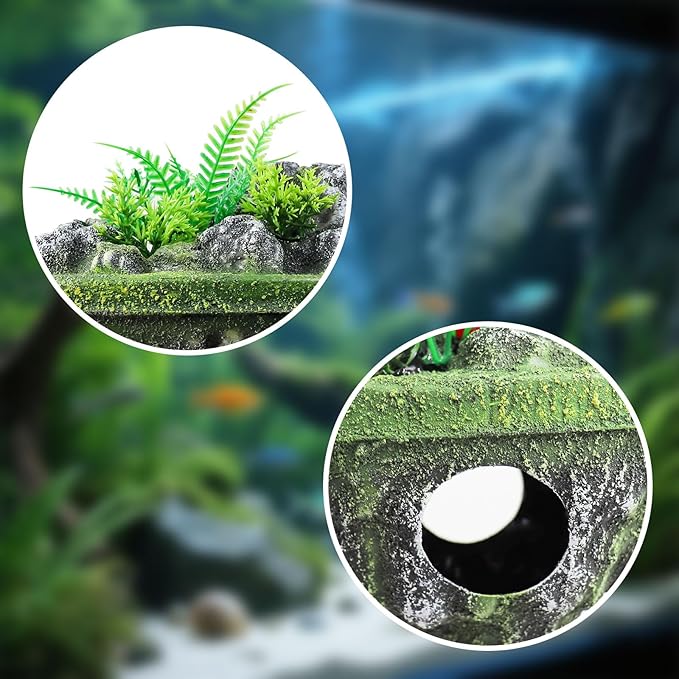Floating Island Fish Tank Decorations – Aquarium Decor with Hideout Tunnel, Betta Fish and Shrimp Cave, PVC Aquarium Accessory with Artificial Plants