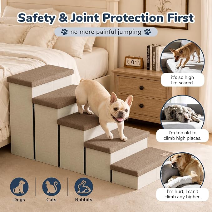 5-Step Wide Dog Stairs with Storage 23" H, Non-Slip Sturdy Pet Steps for High Bed Window, Pet Stairs for Small/Medium/Large Old Dogs Cats Up to 220lbs, Cat Dog Steps for Car, Beige&Brown Lid
