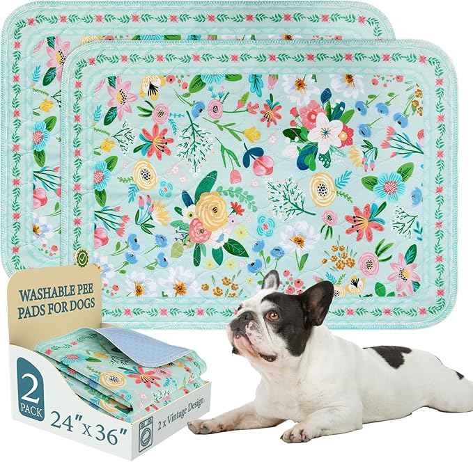 Homimp Washable Pee Pads for Dogs,2 Pack Spring Floral Reusable Puppy Pads Waterproof,Absorbent and Leakproof Dog Pee Pads,Non Slip Puppy Training Pads,Pet Mat for Floor,Crate,Teal 24"x36"