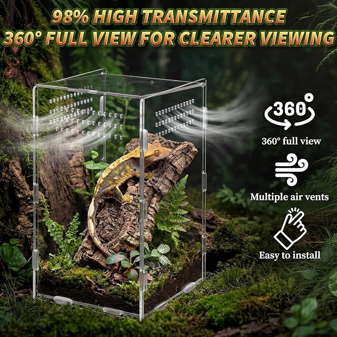 Hushee 2 Pcs Acrylic Reptile Terrarium Easy Assembly, 360° Clear & Keep Pet Secure Design for Jumping Spiders, Tarantulas, Frog, Mantis, Geckos, Ventilated Habitat Terrarium Enclosure 9.8*5.9*5.9in